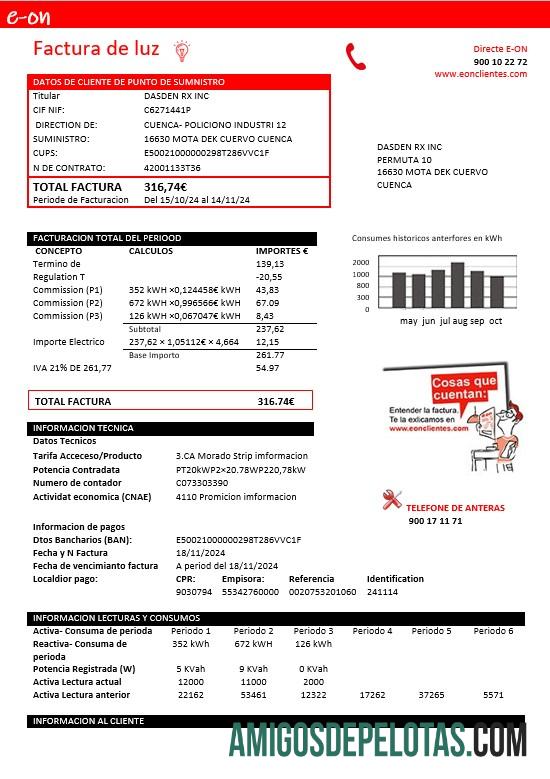 Para baixar modelo de fatura de serviços públicos de eletricidade E.ON da Espanha em formatos Word e PDF
